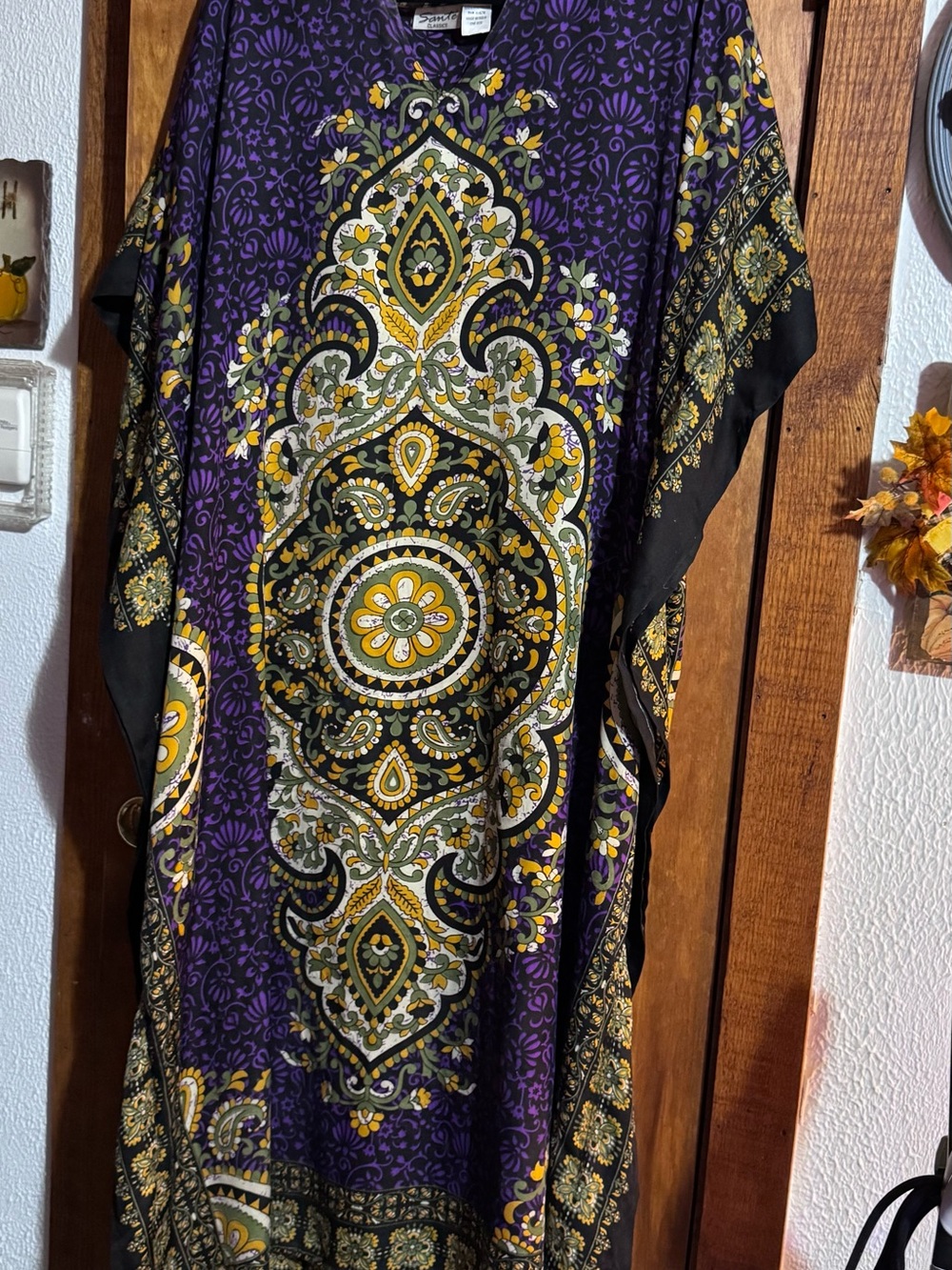 Purple Floral Medallion Caftan Dress with Yellow Accents, fits up to 3X